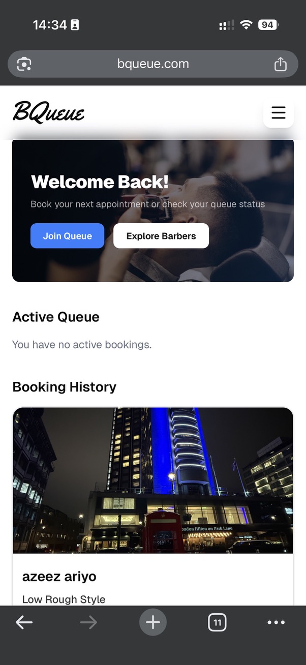 bqueue customer dashboard on mobile
